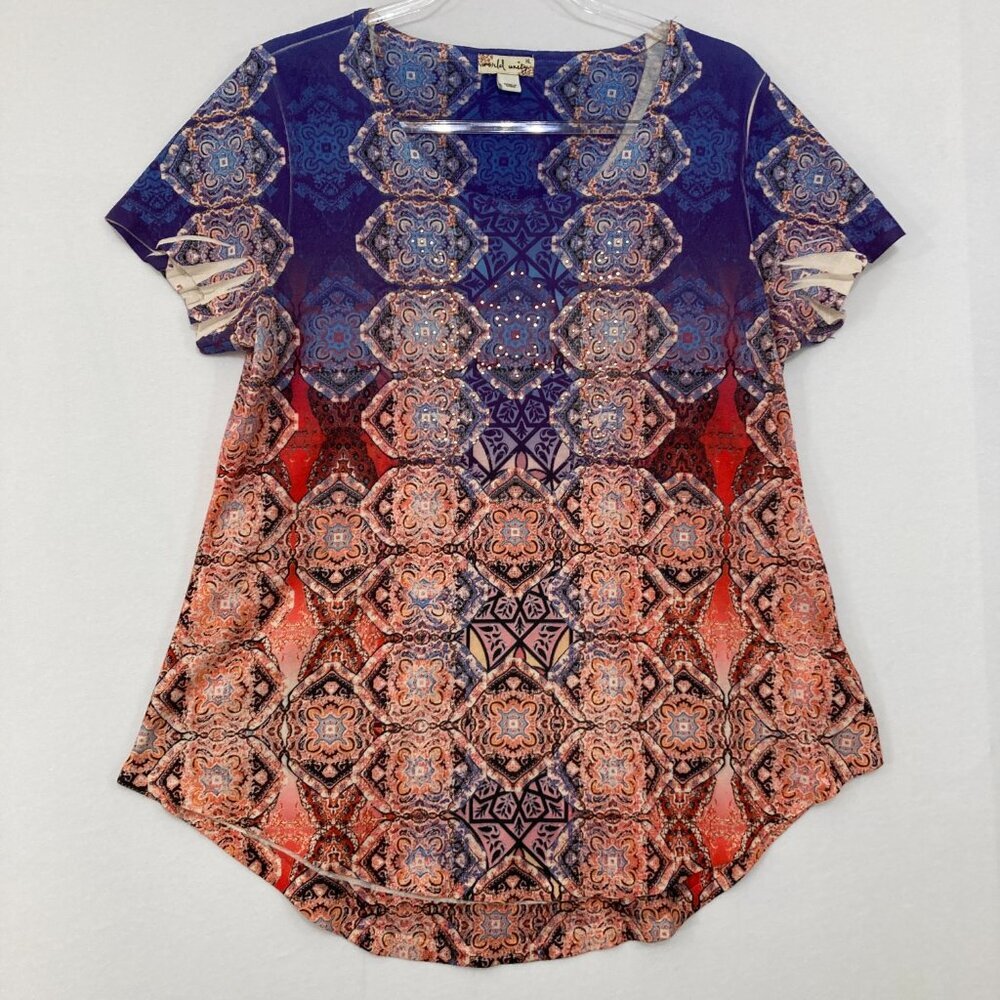 World Unity Large Blue Red Abstract Boho Print Beaded V Neck‎ Casual Blouse